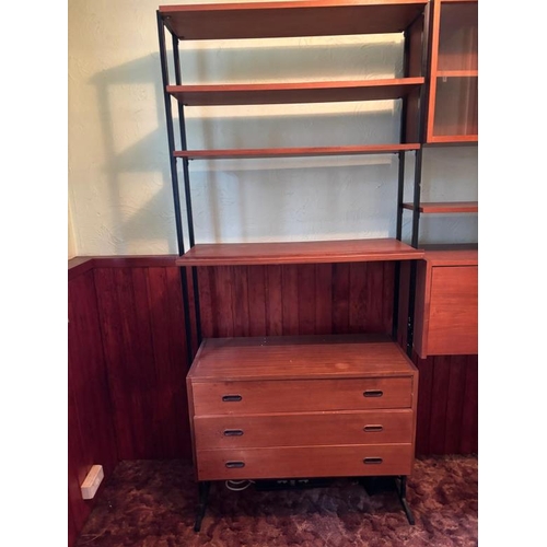 174 - A Mid Century ladderax style three piece wall unit with drawers, cupboard and a glazed unit. Height ... 