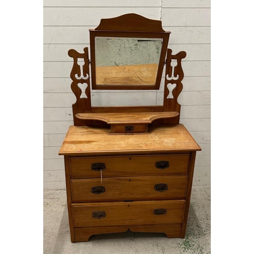 180 - A pine dressing table, three long drawers with a hinged mirror over (H157cm W92CM d44CM)