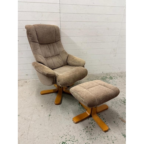 193 - A Shangri La chenille fabric swivel recliner with foot stool