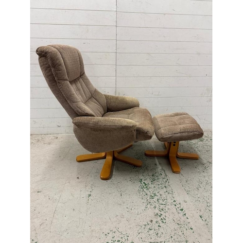 193 - A Shangri La chenille fabric swivel recliner with foot stool