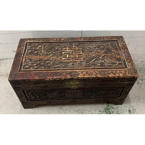 22 - Chinese camphor carved chest (H44cm W88cm D42cm)