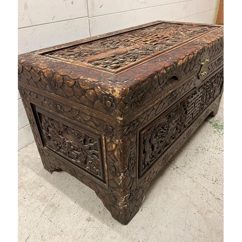 22 - Chinese camphor carved chest (H44cm W88cm D42cm)