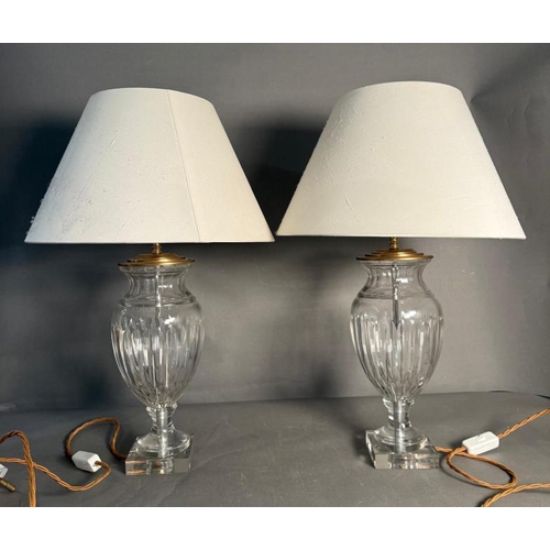 242 - A pair of urn glass and brass table lamps