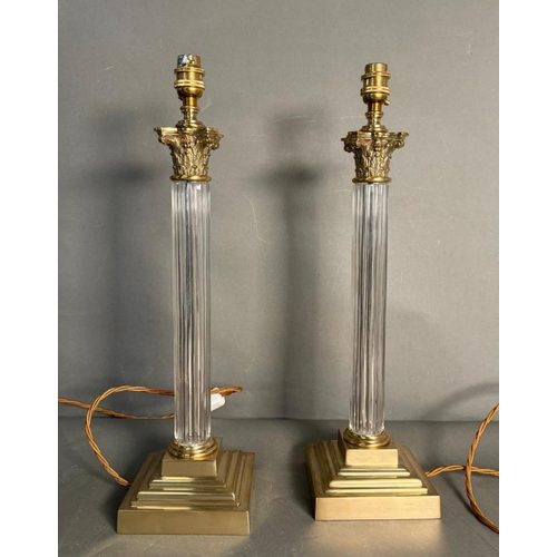 244 - A pair of empire column glass and brass table lamps