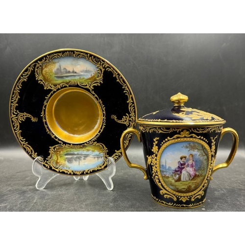 259 - A Sevres style trembleuse chocolate cup, cover and stand of tapering form with twin loop handles of ... 