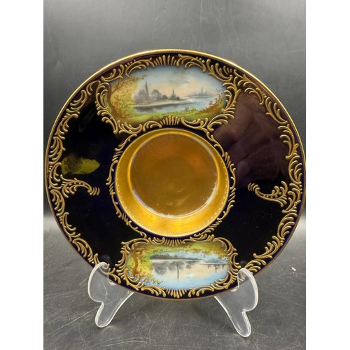 259 - A Sevres style trembleuse chocolate cup, cover and stand of tapering form with twin loop handles of ... 