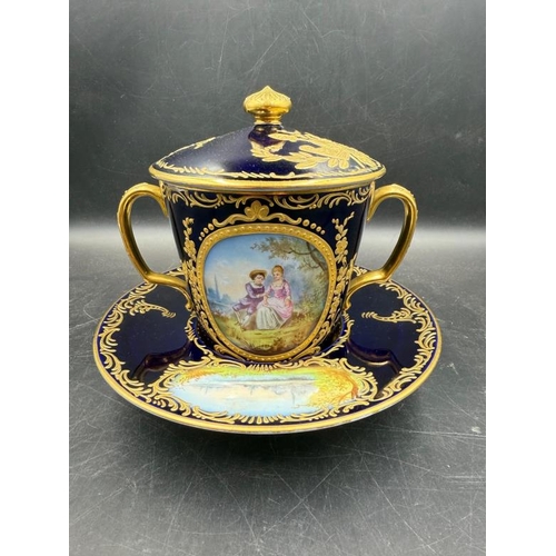 259 - A Sevres style trembleuse chocolate cup, cover and stand of tapering form with twin loop handles of ... 