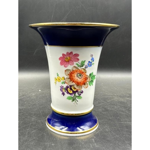 260 - A Meissen vase with dark blue decoration and fine gold accents, hand painted floral design. 13.5cm H