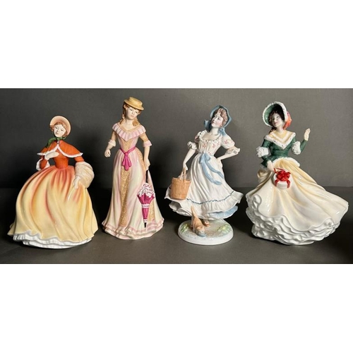 311 - Four Royal Doulton figures. Autumn, The Milkmaid, Christmas Day and Spring.