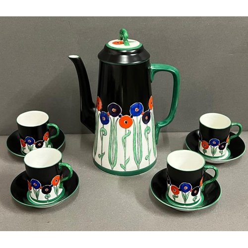 315 - Royal Worcester Art Deco Poppy pattern coffee/tea pot, coffee cans and cake plate