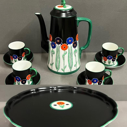 315 - Royal Worcester Art Deco Poppy pattern coffee/tea pot, coffee cans and cake plate