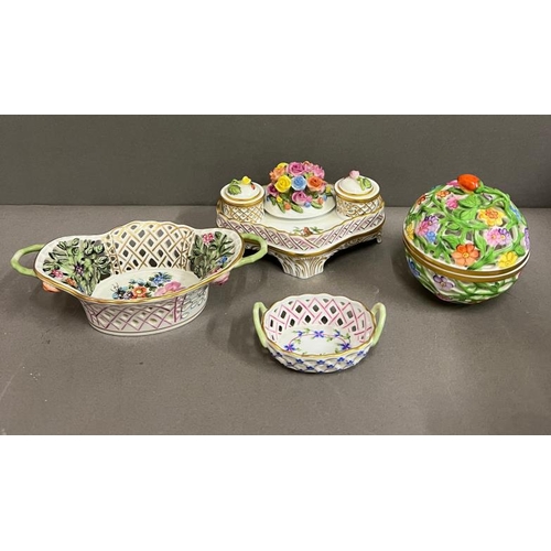 319 - Herend Hvngary porcelain to include lattice potpourri sphere inkwell and lattice baskets