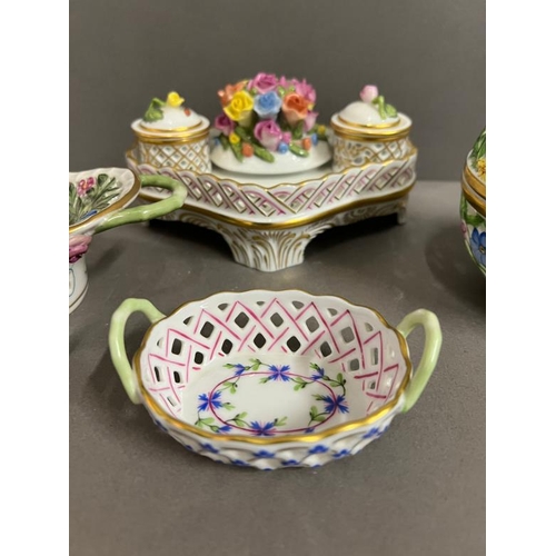 319 - Herend Hvngary porcelain to include lattice potpourri sphere inkwell and lattice baskets