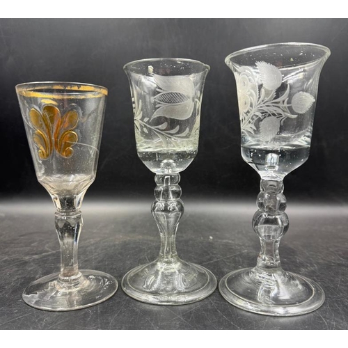 345 - Three Continental wine glasses, late 18th Century / early 19th Century. Tallest 17cm.