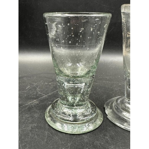 348 - Three 18th Century firing glasses one with German etched design