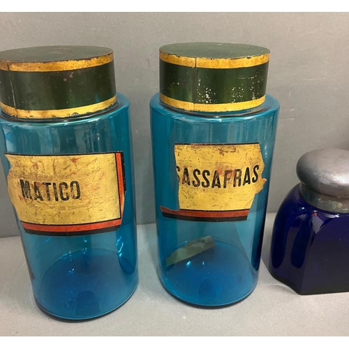 355 - Three opthecary jars and a cobalt blue glass pharmacy jar