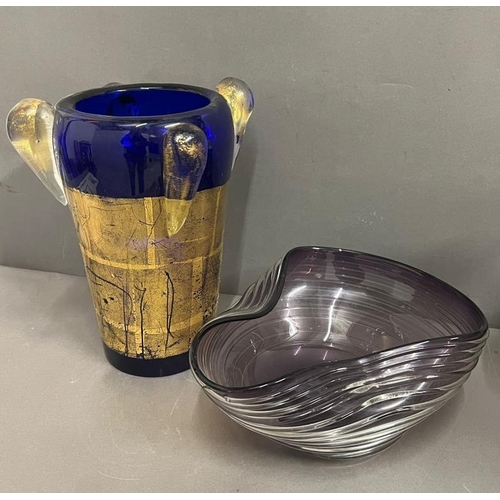 361 - A large cobalt blue and gilt Azech vase (H28cm) and a purple wave glass bowl (Dia29cm)