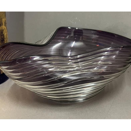 361 - A large cobalt blue and gilt Azech vase (H28cm) and a purple wave glass bowl (Dia29cm)