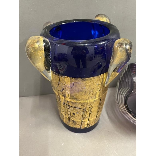 361 - A large cobalt blue and gilt Azech vase (H28cm) and a purple wave glass bowl (Dia29cm)