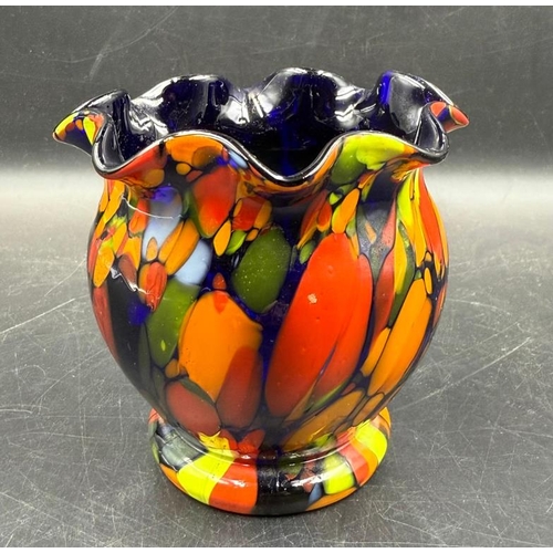 362 - A small splatter glass vase with crimped rim