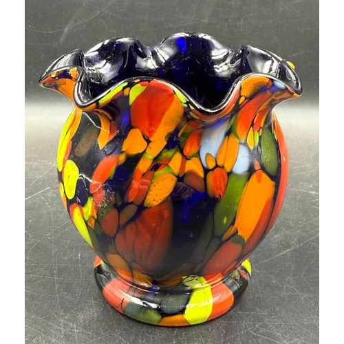 362 - A small splatter glass vase with crimped rim