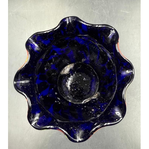 362 - A small splatter glass vase with crimped rim