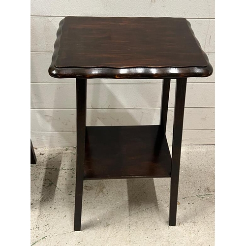 38 - A side table with scalloped edge and tier under along with an oak plant stand