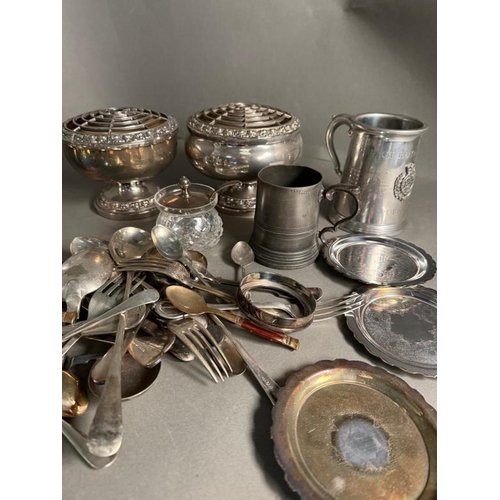 390 - A large selection of silverplated items, EPNS and pewter including rose bowls, flatware etc.