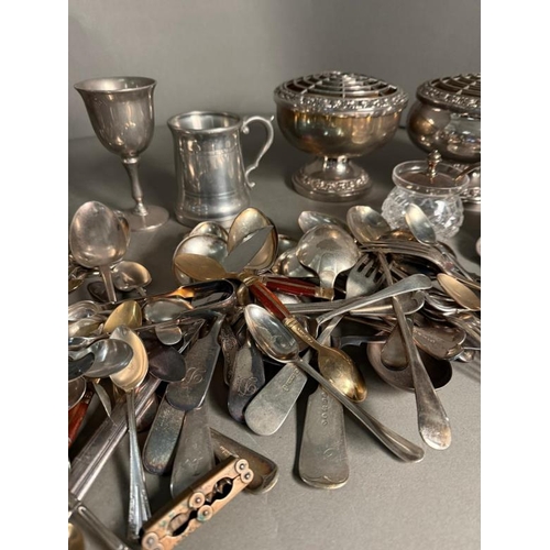 390 - A large selection of silverplated items, EPNS and pewter including rose bowls, flatware etc.