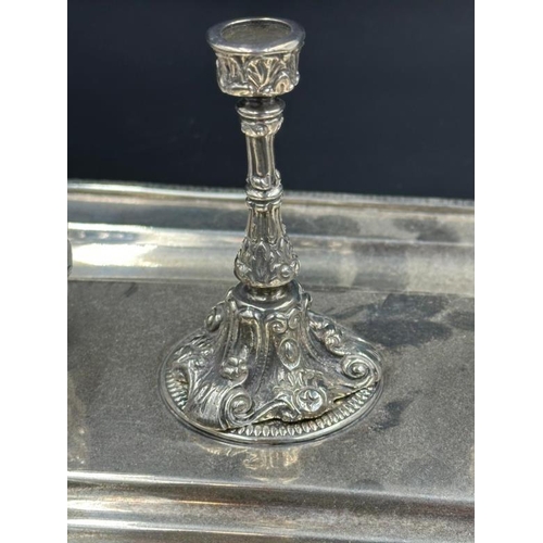 437 - A late Victorian silver inkstand on four ball feet with a pair of silver mounted cut glass ink bottl... 