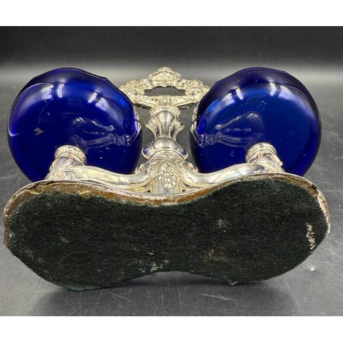 467 - An Antique white metal and cobalt blue glass double master open salt cellar service stand.