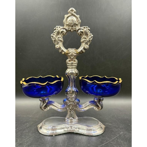 467 - An Antique white metal and cobalt blue glass double master open salt cellar service stand.