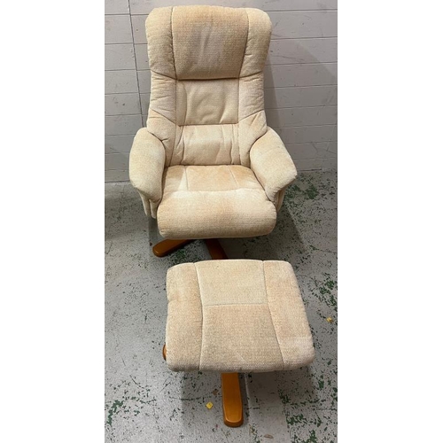 49 - A beige swivel reclining chair and foot stool