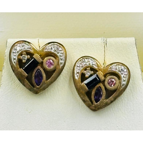 551 - Royal Mint Classics pair of 9ct gold earrings with diamonds, amethysts and pink and blue sapphires.