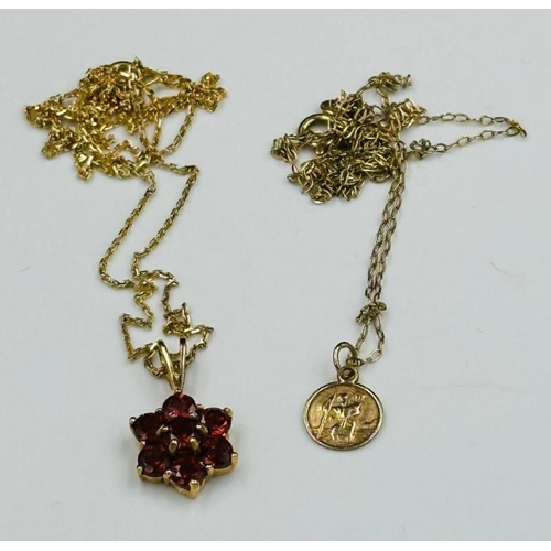 585 - Two 9ct gold necklaces one with a garnet pendant, approximate combined total weight 3.8g