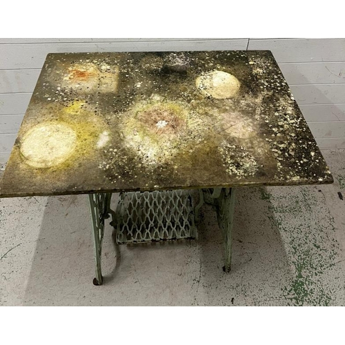 60 - A converted cast iron sewing machine table with marble top (H74cm W89cm D60cm)