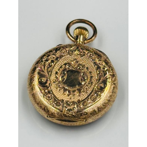 658 - A 14ct gold Ladies pocket watch with floral decorated face and case, approximate weight 27g