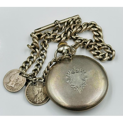 659 - An Elgin Silver pocket watch on silver T Bar chain