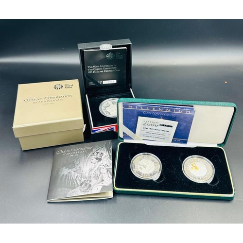 677 - Royal Mint £5 Silver proof Coins to include: 2000 Millennium coins and Queens Coronation 60th Annive... 