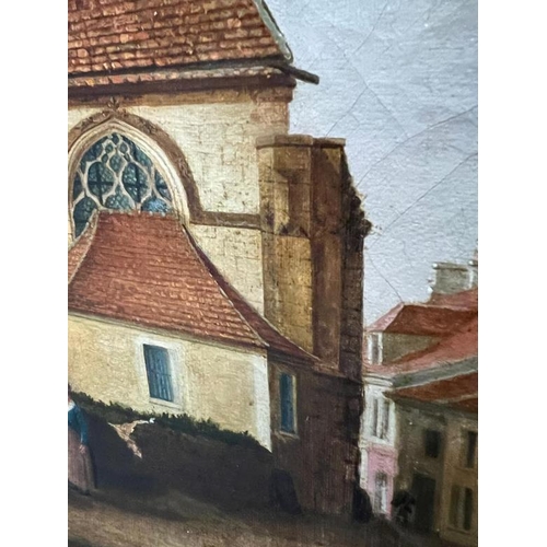 712 - An oil on canvas of a church scene (Frame 100cm x 87cm)