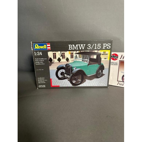 759 - Four model kits, A Northop Gamma, Isuzu fuel truck, Ford Model T and a BMW 3/15 ps