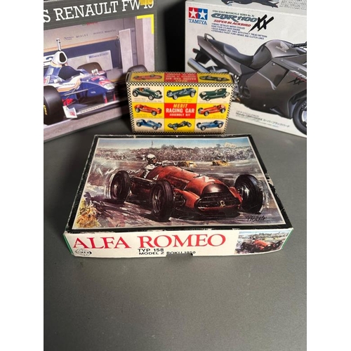 768 - Four boxed model kits of a Williams Renault , a Honda CBR and a Alpha Romeo and a Vanwell G.P