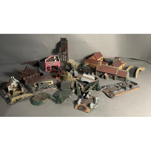 777 - A quantity of model railway layout buildings, road and tress