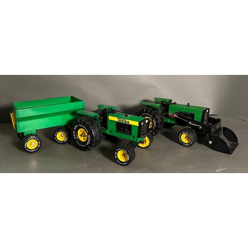 794 - Two vintage Tonka toy tractors, one with a trailer