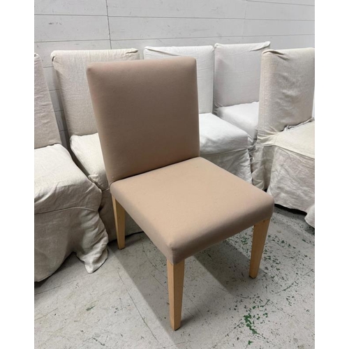 119 - Six contemporary dining chairs with long skirted linen covers in cream and beige linen