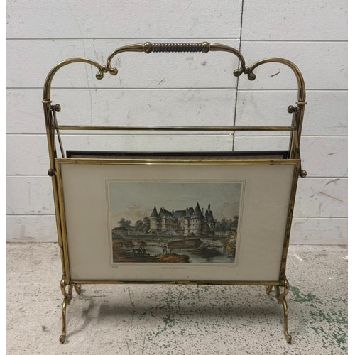 123 - A vintage French brass magazine rack with glazed pictural scenes to sides