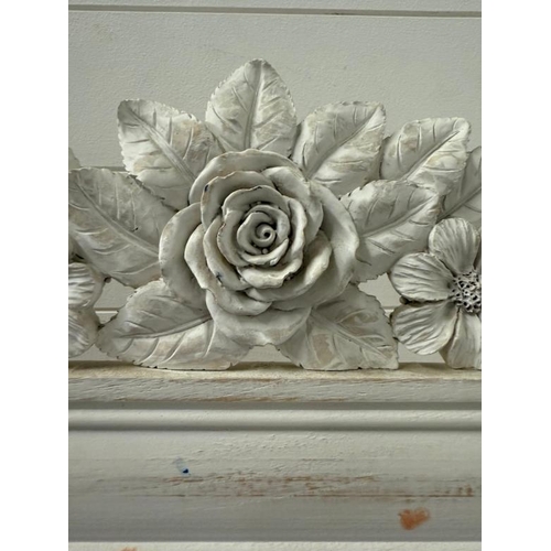 210 - A white painted easel backed bevel edged full length bedroom mirror with carved roses to crown 172cm... 