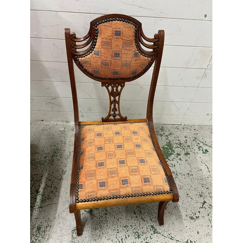 23 - Two side chairs, one button back Victorian salon chair and one hall chair