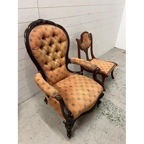 23 - Two side chairs, one button back Victorian salon chair and one hall chair