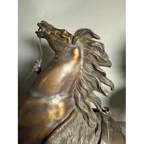 244 - Two late 19th Century classical Marley horse figural groups of rearing horses and semi clad figures ... 